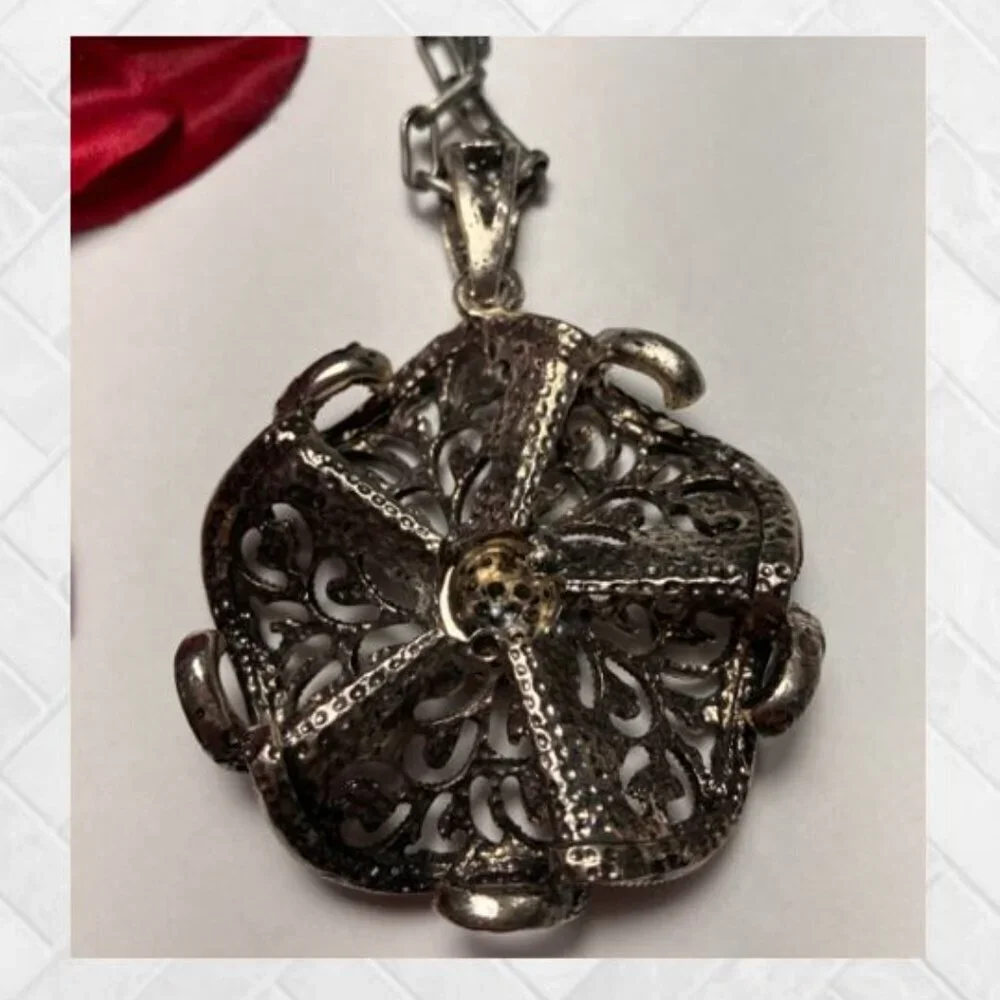 Handcrafted Oxidized Silver Filigree Flower Pendant and 18
